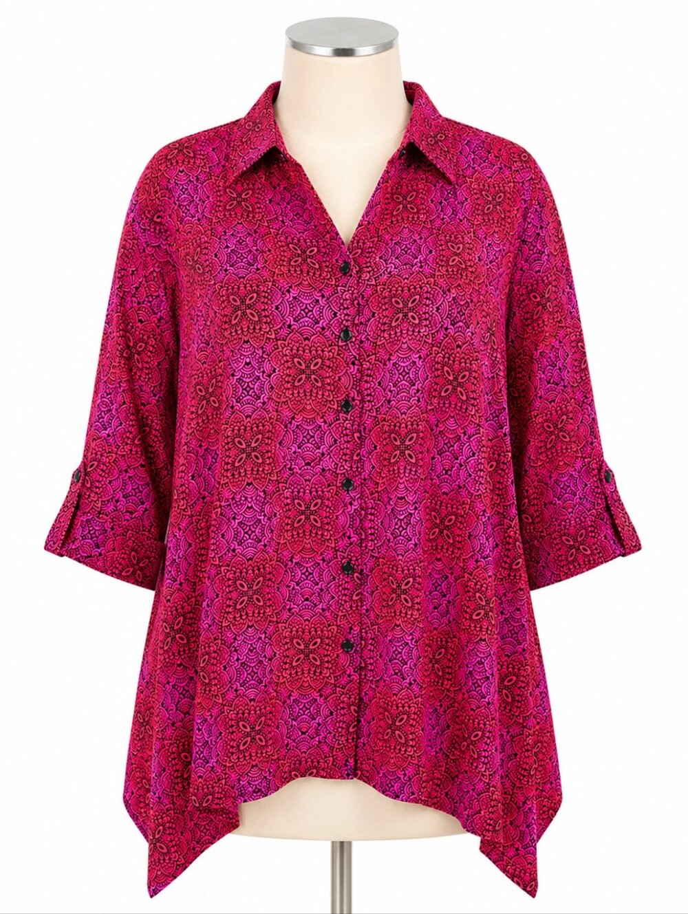 Catherines Red & Pink Geometric Print Asymmetric Button Down Tunic Top Sz 2X